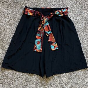 Women’s Satin Relaxed Black Bermuda Short with Ankara Print Belt Size M